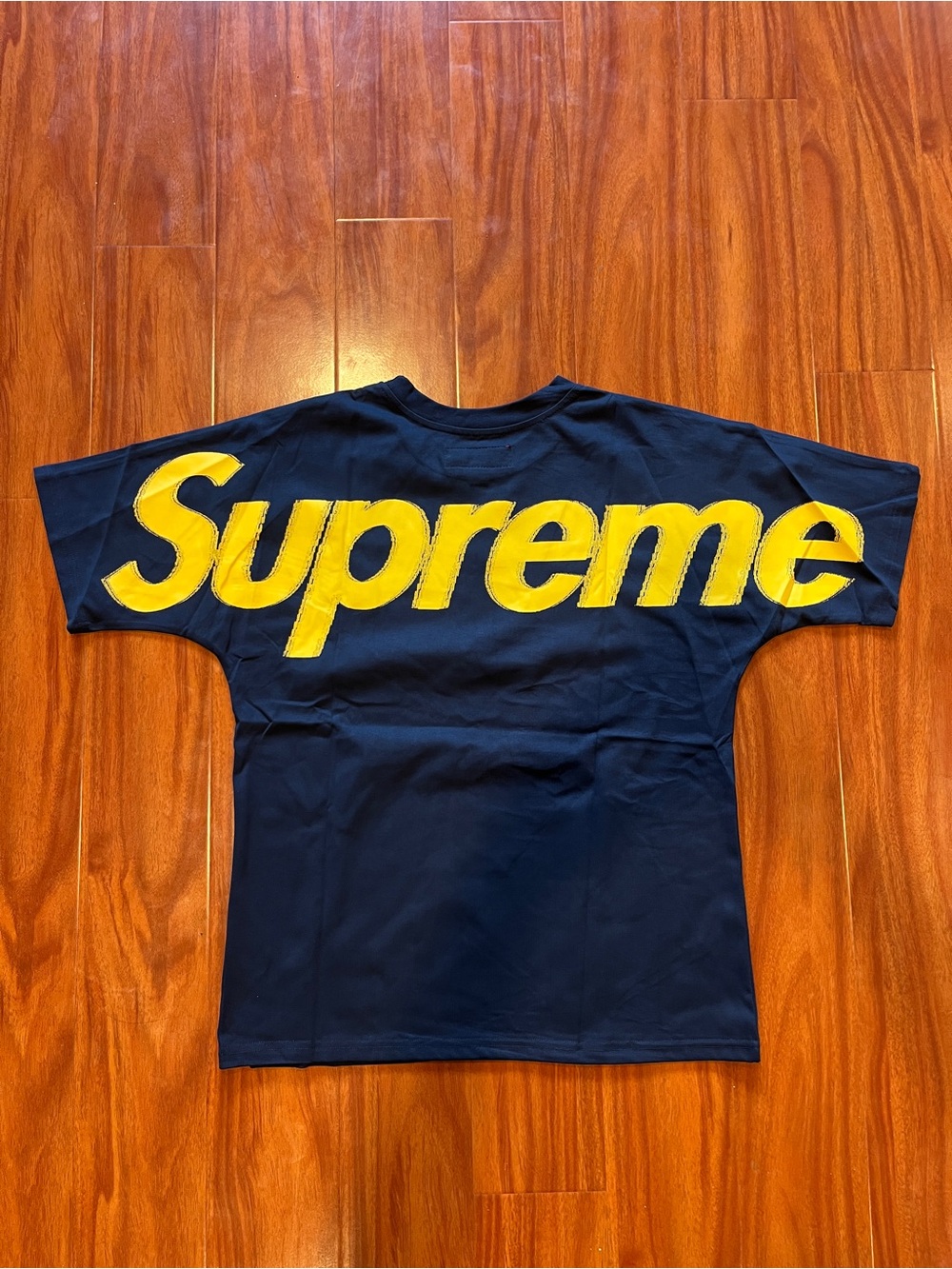 Supreme Big Yellow Spell-Out Back Graphic Tee Navy - Size Medium